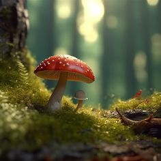 a red mushroom sitting on top of a lush green forest