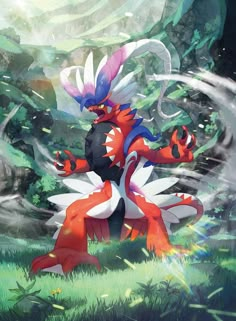 an image of a red and white pokemon standing in the grass