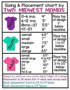 the size and placement chart for t - shirts