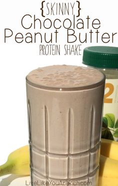 a chocolate peanut butter protein shake next to some bananas