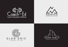 four different logos designed to look like mountains, buildings and the words coach education method