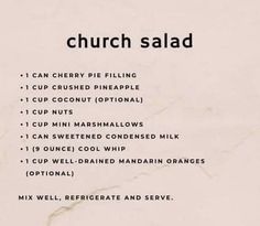 a menu listing the different types of food available for church salads and other meals