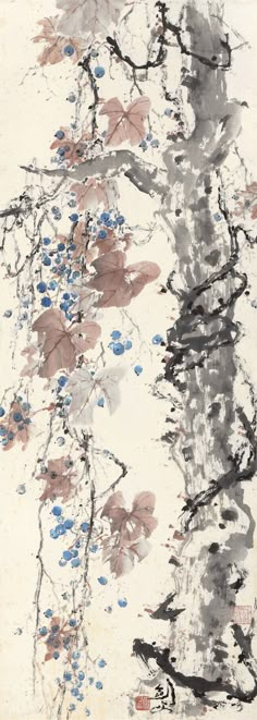 an abstract painting with blue and pink flowers on white paper in front of a tree