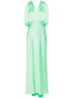 fluorescent green satin weave pleat detailing draped detailing V-neck short sleeves V-back fitted waistline flared partial lining long length concealed side zip fastening Green Satin, Long Length, Satin Dresses, Green Dress, Top Brands, Dress Making, Fashion Branding, Evening Dresses, Short Sleeves