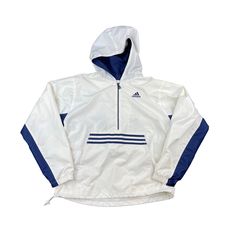 Plain and simple white / navy blue adidas full zip hooded windbreaker.  Small subtle stains.  See photos Tag: M Measurements  Armpit to Armpit: 22" Collar to Base: 22" Important Info, Please Read Before Purchase: -All sizes listed are tag labels only.  Please use the measurements provided to ensure a proper fit for your item. -All items are inspected for defects & stains.  Occasionally some issues may not be spotted.  If you are at all concerned about minor imperfections, please message me before purchase so I can give it another thorough inspection.  -UNITED KINGDOM BUYERS - Occasionally there is an Import Duty required to be paid to the Royal Mail before you can receive the package.  This only happens with specific packages, but I unfortunately can't seem to find specific information on Adidas Windbreaker, Adidas Vintage, Vintage Adidas, Blue Adidas, Jackets & Coats, Gender Neutral, Im Not Perfect, Adidas, Navy