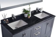 a double sink vanity with black marble counter top and white porcelain vessel sinks in front of a mirror