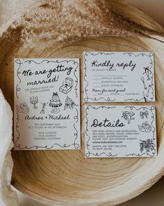 wedding stationery with hand drawn details on wood slice for seating card holders and place cards