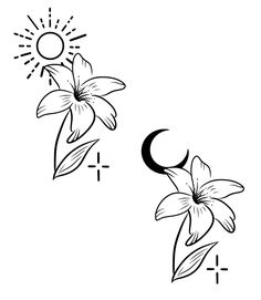 two flowers with the sun in the background and one flower on the left hand side