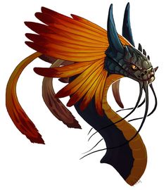 an orange and black dragon head with large wings on it's back end, facing the viewer