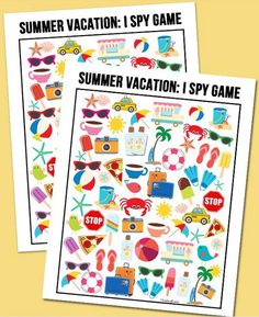 two printable summer vacation stickers with the words, free i spy game printable