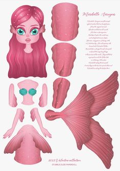 the paper doll has pink hair and blue eyes, as well as mermaid tailes