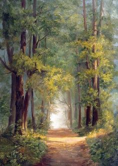 a painting of a path in the middle of a forest with trees on either side