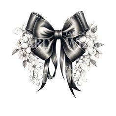 a black bow with flowers and leaves on the side is shown in this tattoo design