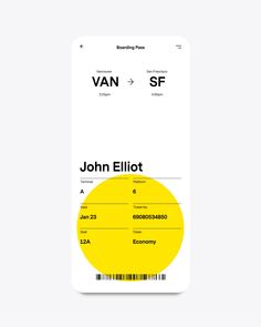 a yellow and white id card with the name john elliot on it's side