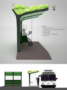 the bus stop is designed to look like it has a green roof and trees on top