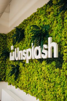 a green wall with the words unsplash on it