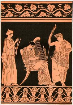 an ancient greek scene with two men playing the harp