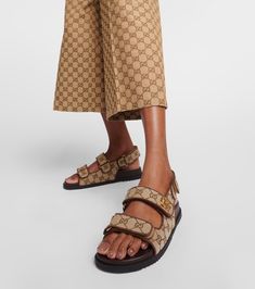 Double G canvas sandals in beige - Gucci | Mytheresa Gucci Rubber Sandals, Gucci Sandals, Canvas Sandals, Bridal Bag, Red Accessories, Classic Bags, Summer Accessories, Ski Wear, Velcro Straps