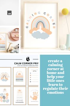 a collage of photos with the words calm corner on it and an image of a rainbow