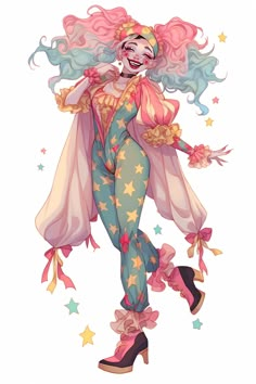 a drawing of a woman with pink hair and stars on her body, wearing a clown costume