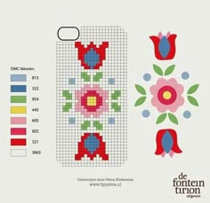 a cross stitch pattern with flowers and leaves on the side, next to a ruler