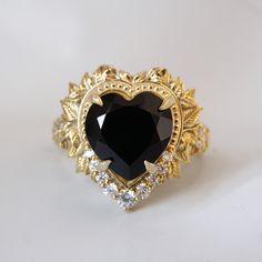 Goth Wedding Rings, Dark Engagement Ring, Goth Engagement, Onyx Diamond Ring, Night Jewelry, Heart Of The Ocean, Ocean Heart, Black Stone Ring, Black Engagement Ring