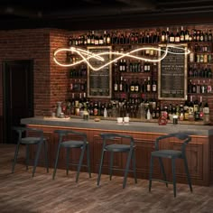 an empty bar with several stools and bottles on the wall