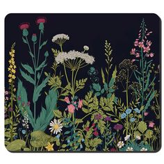 a mouse pad with an image of flowers and plants in the night sky, on a black background