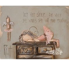 a painting of a baby laying on top of a dresser next to crosses and other items