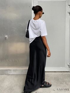 Lasaky - Black Satin Midi Skirt with Draped Fish Tail Hem - Long Skirt Satin Maxi Skirt, Y2k Skirt, Satin Noir, Column Skirt, Maxi Rok, Buy Skirts, Fishtail Skirt, Trumpet Skirt, Fishtail Dress