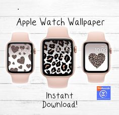 three apple watch wallpapers with hearts and leopard print on them, all in different colors