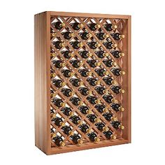 a wooden wine rack filled with lots of bottles