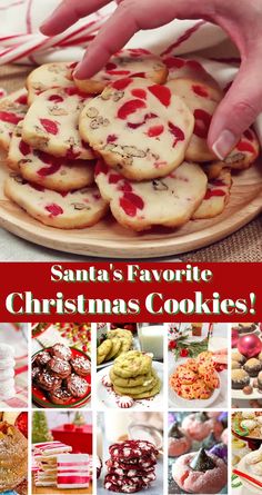 santa's favorite christmas cookies collage with red and white decorations on the top