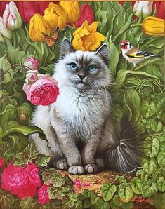 a painting of a cat with flowers on its head sitting in the middle of a garden