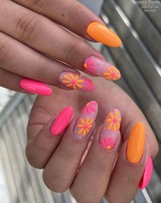 Pink And Orange Nails, Unghie Nail Art, Spring Acrylic Nails, Daisy Nails, Summery Nails, Cute Summer Nails, Neon Nails, Orange Nails, Orange And Pink