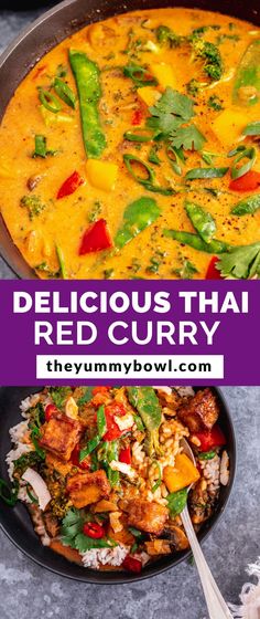 delicious thai red curry with vegetables and rice in a skillet on the side text overlay says delicious thai red curry