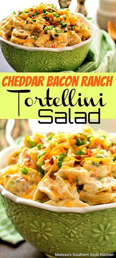 cheddar bacon ranch tortelli salad in a green bowl with text overlay