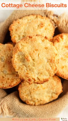 a close up of some biscuits in a bag with the words cottage cheese biscuits on it