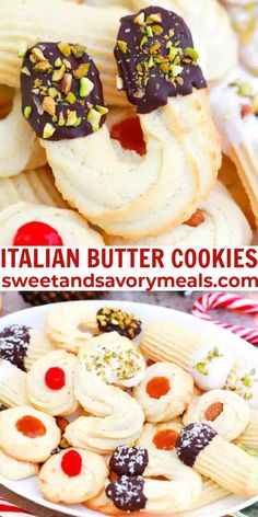 the italian butter cookies have been decorated with nuts and other toppings