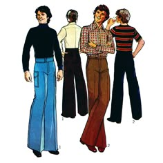 "MEN'S FLARED TROUSERS: The trouser with fly front zipper, are top-stitched trimmed. View 1 has deep, shaped, double-buttoned waistband. Pockets on sides of legs have buttoned flaps. View 2 has side front pockets, back yoke, back patch pockets and buttoned waistband. Offered here as a Digital Download. This pattern is also available as a Paper Pattern here: https://www.etsy.com/uk/shop/VintagePatternsSewBI?ref=seller-platform-mcnav&search_query=1799 Skill Level: Intermediate Size Guide: STANDARD 70s Mens Fashion Catalog, 70s Mens Outfits, 1970s Fashion Mens, Mens 70s Outfits, 70s Fashion Mens, 70s Trousers, 70s Outfits Men, Outfit Oc, 1970s Mens Fashion