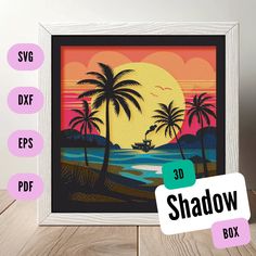 Beach and Tropical Sunset view Shadow Box ==Beach This image depicts a serene beach scene in a shadow box style, suitable for a decorative piece. The forefront features a tranquil beach with soft, beige sands, and a beach chair and umbrella suggesting a peaceful retreat. Gentle waves in varying shades of blue meet the shore, adding a dynamic aquatic touch to the scene. A sailboat is neatly silhouetted against the vibrant backdrop, providing a sense of adventure on the horizon. The midground is adorned with lush palm trees on either side, framing the view and enhancing the tropical ambiance. Detailed flowers and foliage at the base of the palms introduce an element of nature and tranquility. In the background, the setting sun takes center stage, radiating a warm glow with its yellow and ora Beach Shadow Boxes, Shadow Box Template, Box Shadow, Shadow Box Svg, Tropical Sunset, Beach Chair Umbrella, 3d Shadow Box, 3d Light, Sunset View