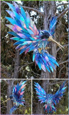 three different pictures of blue and pink feathers