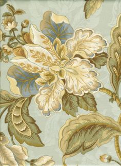 a blue and yellow floral wallpaper with large leaves on it's sides,