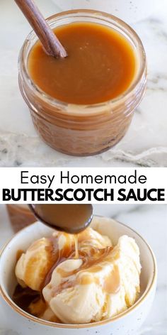 homemade butterscotch sauce in a bowl with spoon