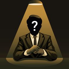 a man in a suit with a question mark on his face sitting under a lamp