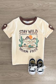 Stay Wild Roam Free Tan T-Shirt - Sparkle in Pink Tan T Shirt, Sparkle In Pink, Fun Deserts, Desert Design, Short Sleeve Design, Cowboys Shirt, Graphic Tshirt Design, Kids Graphic Tees, Stay Wild