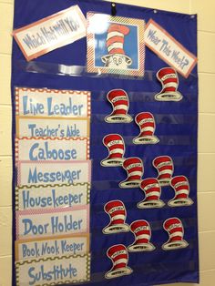 the cat in the hat bulletin board is hanging on the wall with some stickers