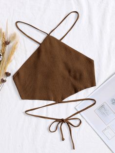 Coffee Brown Sexy  Sleeveless Viscose Plain  Embellished Slight Stretch Spring/Fall Women Knitwear Diy Bag Designs, Diy Clothes Design, Fashion Top Outfits, Rib Knit Top, Diy Clothes Life Hacks, Cute Rompers, Short Dresses Casual, Knit Tops, Coffee Brown