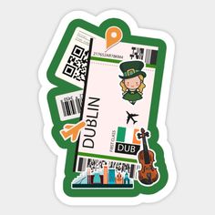 dublin luggage sticker with an image of a man in a green hat, holding a violin