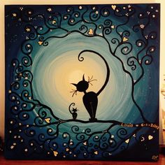 a painting of a cat sitting on top of a tree branch in front of a full moon